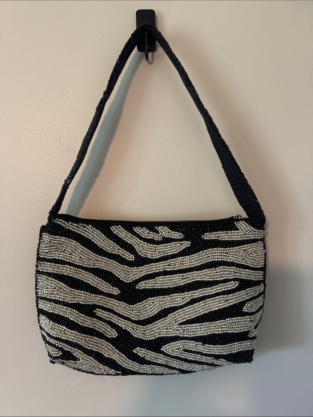 Beaded Zebra Striped Shoulder Bag